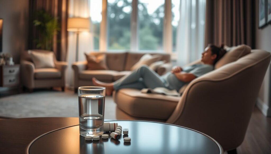A tranquil post-treatment care scene, with a patient resting comfortably on a plush armchair. Warm, diffused lighting casts a soothing glow, creating a calming atmosphere. In the foreground, a side table holds a glass of water and a selection of pain medication, reflecting the care and attention given to the patient's recovery. The middle ground features a cozy, inviting living room setting, with soft fabrics and muted colors. In the background, a large window allows natural light to filter in, providing a sense of openness and serenity. The overall mood conveys a sense of healing, comfort, and the dedicated support the patient receives during their post-treatment care.