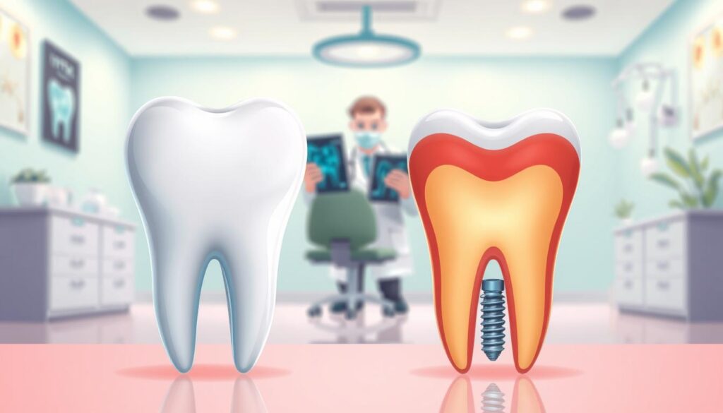 A vibrant, detailed illustration depicting alternatives to root canals. In the foreground, a healthy tooth stands in contrast to a damaged one, showcasing minimally invasive options like fillings, crowns, and dental implants. In the middle ground, a dentist examines x-rays, considering the best course of treatment. The background features a serene, modern dental office, with soothing lighting and calming colors that convey a sense of comfort and care. The overall composition highlights the importance of preserving natural teeth and exploring conservative, patient-centric solutions. A vibrant, detailed illustration depicting alternatives to root canals. In the foreground, a healthy tooth stands in contrast to a damaged one, showcasing minimally invasive options like fillings, crowns, and dental implants. In the middle ground, a dentist examines x-rays, considering the best course of treatment. The background features a serene, modern dental office, with soothing lighting and calming colors that convey a sense of comfort and care. The overall composition highlights the importance of preserving natural teeth and exploring conservative, patient-centric solutions.