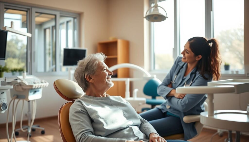 A warm, inviting clinic interior with natural lighting filtering through large windows. In the foreground, a patient sits comfortably in a dental chair, their expression conveying a sense of ease and trust. The middle ground features a kind, attentive dentist leaning in, discussing treatment options. In the background, dental instruments and equipment suggest a modern, well-equipped facility. The overall atmosphere exudes professionalism, empathy, and a patient-centric approach to dental care.