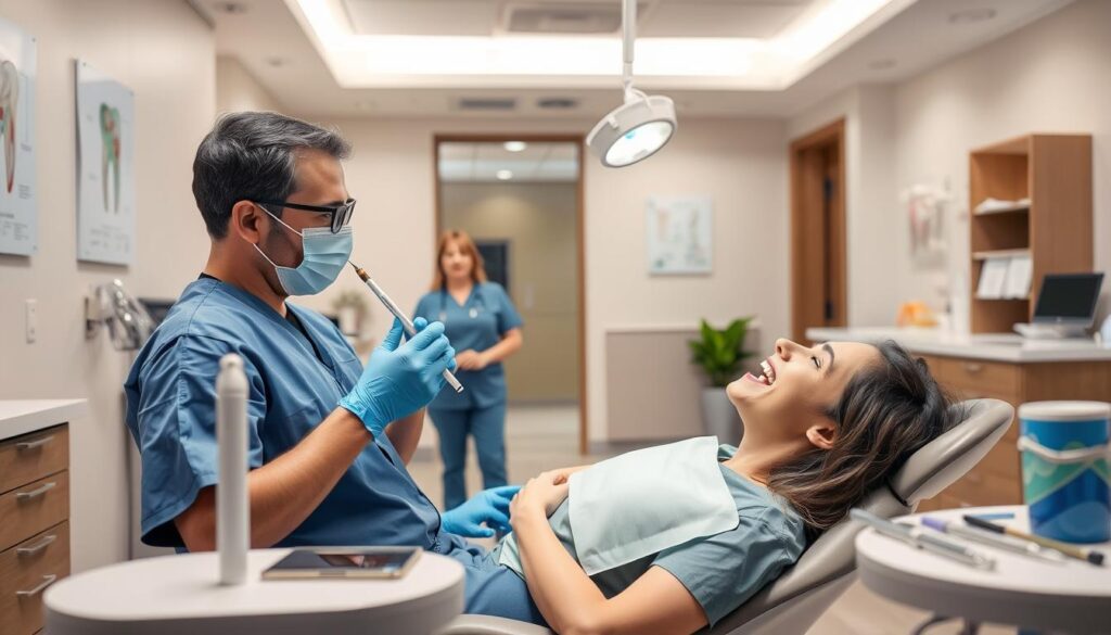 A warm, well-lit dental office interior with a patient in the chair receiving a dental exam. In the foreground, a dentist wearing scrubs and a mask is examining the patient's teeth using a dental mirror and probe. On the side table, various dental tools and instruments are neatly arranged. In the middle ground, a dental assistant stands by, ready to assist. The background features a modern, minimalist design with clean lines, neutral colors, and dental posters or diagrams on the walls, conveying a sense of professionalism and preventive care.