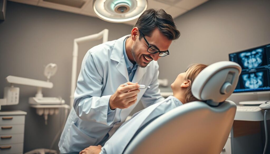 A well-lit dental examination room, with a comfortable patient chair at the center. A dentist, dressed in a white coat, leans in, examining the patient's teeth with a small dental mirror and probe. The background features modern dental equipment, including an x-ray machine and a computer monitor displaying dental images. The lighting is warm and inviting, creating a sense of calm and professionalism. The scene conveys the importance of regular dental check-ups and the use of x-rays in detecting potential issues, ensuring the patient's oral health.