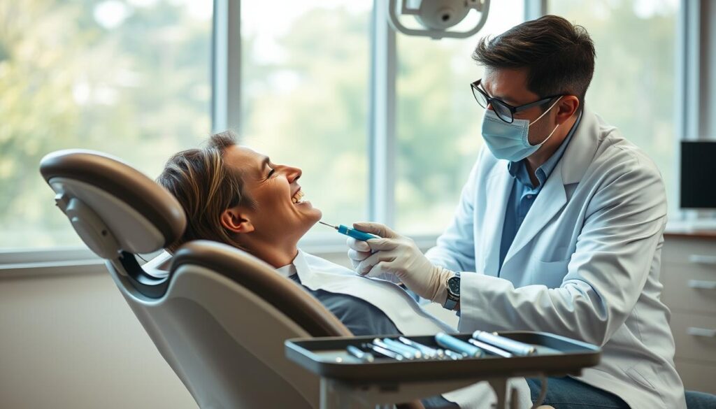 A well-lit dental office interior, with a patient sitting comfortably in a reclining chair. The dentist, wearing a white coat and mask, leans in closely, examining the patient's teeth with a focused expression. Gleaming dental tools and equipment are neatly arranged on a tray beside them. Soft, natural lighting filters in through large windows, creating a calming, professional atmosphere. The image conveys the importance of regular check-ups, where a dentist's vigilance and a patient's trust work together to maintain oral health. A well-lit dental office interior, with a patient sitting comfortably in a reclining chair. The dentist, wearing a white coat and mask, leans in closely, examining the patient's teeth with a focused expression. Gleaming dental tools and equipment are neatly arranged on a tray beside them. Soft, natural lighting filters in through large windows, creating a calming, professional atmosphere. The image conveys the importance of regular check-ups, where a dentist's vigilance and a patient's trust work together to maintain oral health.