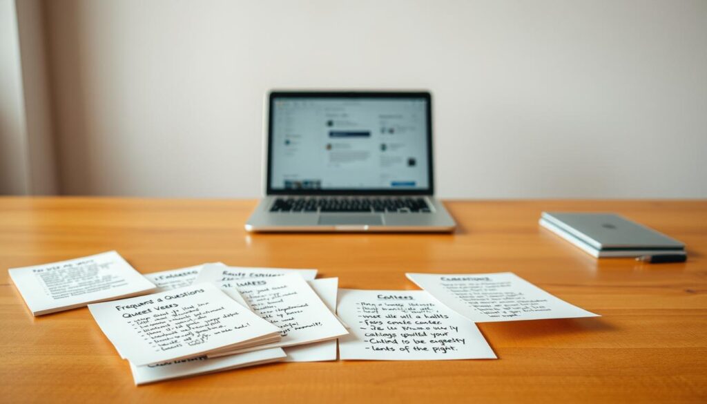 An intricately detailed illustration of "Frequently Asked Questions" on a warm wooden desktop, with a soft, diffused lighting creating a welcoming, informative atmosphere. The foreground features a collection of handwritten notes, neatly arranged, addressing common queries. The middle ground showcases a professional-looking laptop, suggesting a digital resource, while the background gently fades into a serene, neutral-toned wall, allowing the focal elements to stand out. The overall composition conveys a sense of approachability and accessibility, inviting the viewer to explore the subject matter further.