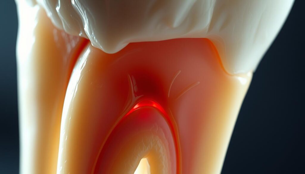 Close-up view of a human tooth with visible nerve fibers and inflammation in the root canal. The tooth is depicted in a high-resolution, photorealistic style, with intricate details showcasing the complex anatomical structure of the pulp and nerve tissue. The image is lit from the side, creating dramatic shadows and highlights that emphasize the texture and form of the tooth. The background is blurred, allowing the viewer to focus solely on the detailed depiction of the nerve-damaged tooth.