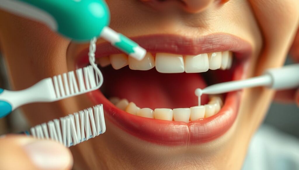 Detailed close-up of a set of healthy human teeth, with a focus on various preventive measures to avoid broken teeth. The foreground features teeth being brushed with a soft-bristled toothbrush, dental floss being used, and an electric toothbrush in the background. The middle ground showcases a dental checkup, with a dentist's hand examining the teeth. The background depicts a healthy, vibrant smile with well-maintained teeth. Warm, diffused lighting illuminates the scene, creating a calming and inviting atmosphere. The image conveys the importance of regular dental hygiene and professional care to maintain strong, unbroken teeth.