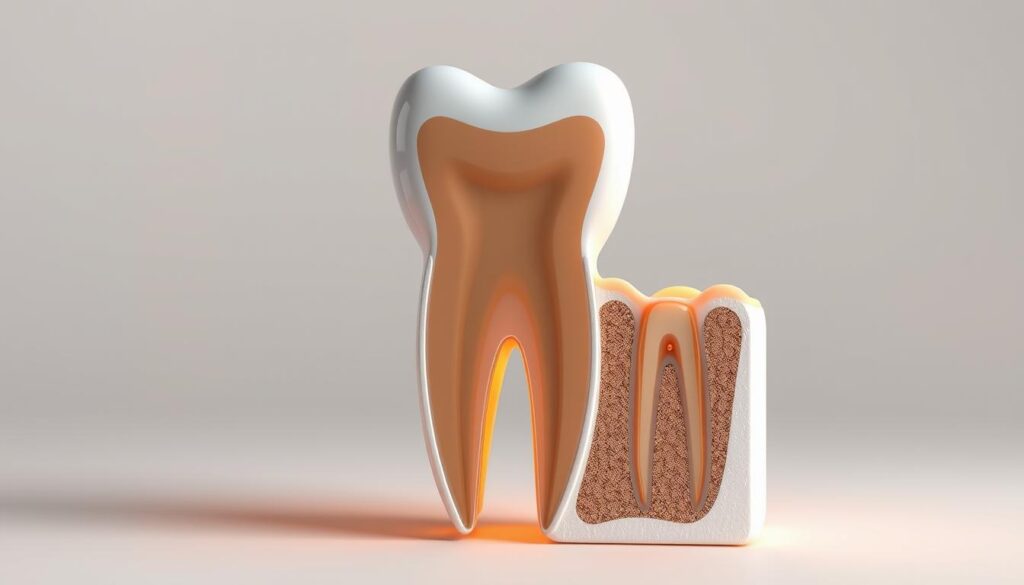 Detailed, scientifically accurate illustration of endodontic therapy benefits. Crisp, high-resolution medical diagram featuring cross-section of a tooth with cutaway view showcasing the inner pulp chamber and root canal system. Precise anatomical rendering with clean, minimalist aesthetic. Warm, soft lighting illuminating the tooth's intricate structure, conveying a sense of clinical professionalism and educational clarity. Neutral color palette with muted hues to focus attention on the key technical details. Composition balanced and symmetrical, emphasizing the restorative nature of the endodontic procedure.