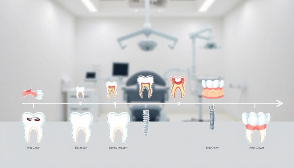 Detailed timeline showcasing the progression of a broken tooth repair process. In the foreground, a series of illustrative stages - from the initial crack, to tooth extraction, dental implant placement, and final crown restoration. Rendered in a clean, technical style with a neutral color palette, emphasizing the procedural nature of the treatment. Middle ground features anatomical illustrations of the underlying tooth structure and jawbone. Background depicts a minimalist dental office setting, with clinical lighting and equipment subtly visible. The overall composition conveys the importance of timely intervention and the comprehensive nature of modern restorative dentistry.