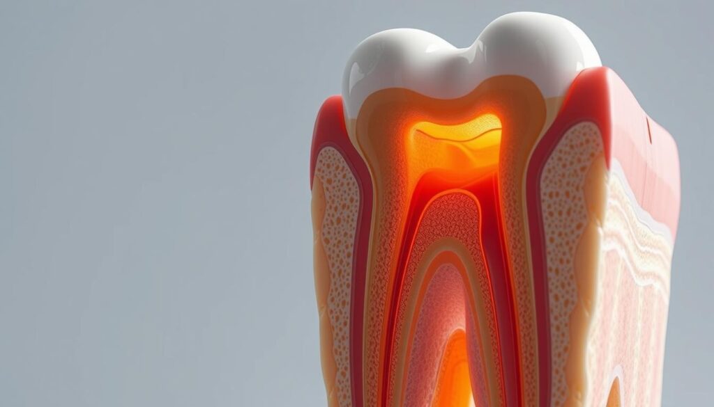 Highly detailed cross-section of a human tooth, showcasing the inner anatomy of the dental root structure. Crisp, clinical lighting illuminates the intricate layers - the pulp cavity, dentin, cementum, and periodontal ligament. Rendered with precise medical accuracy, the image should convey a sense of scientific understanding, allowing the viewer to clearly visualize the process of root canal treatment. Modest, neutral background setting focuses the attention on the central subject. Precise, technical, and educational in tone, serving to illustrate the anatomical features discussed in the article.