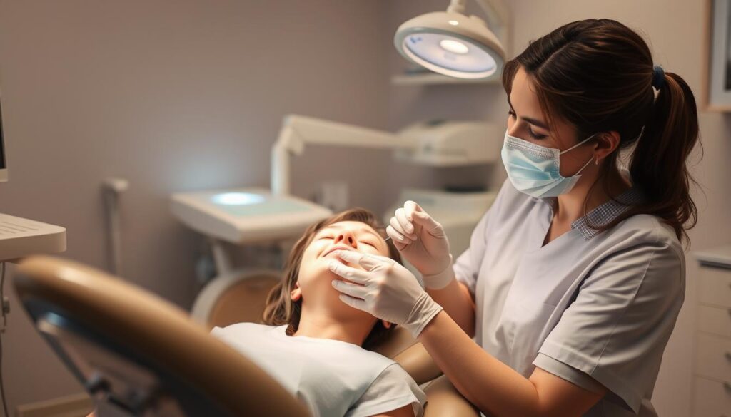Minimizing root canal procedure pain: a calm, well-lit dental office setting with a patient reclined in the chair, eyes closed, face relaxed. The dentist, wearing sterile attire, leans in with a gentle, reassuring expression, administering a local anesthetic. The surroundings convey a sense of comfort and care, with soft lighting, soothing colors, and medical equipment arranged discreetly. The overall atmosphere aims to alleviate anxiety and convey the expertise and empathy of the dental team, guiding the patient through a routine yet potentially unnerving procedure. Minimizing root canal procedure pain: a calm, well-lit dental office setting with a patient reclined in the chair, eyes closed, face relaxed. The dentist, wearing sterile attire, leans in with a gentle, reassuring expression, administering a local anesthetic. The surroundings convey a sense of comfort and care, with soft lighting, soothing colors, and medical equipment arranged discreetly. The overall atmosphere aims to alleviate anxiety and convey the expertise and empathy of the dental team, guiding the patient through a routine yet potentially unnerving procedure.