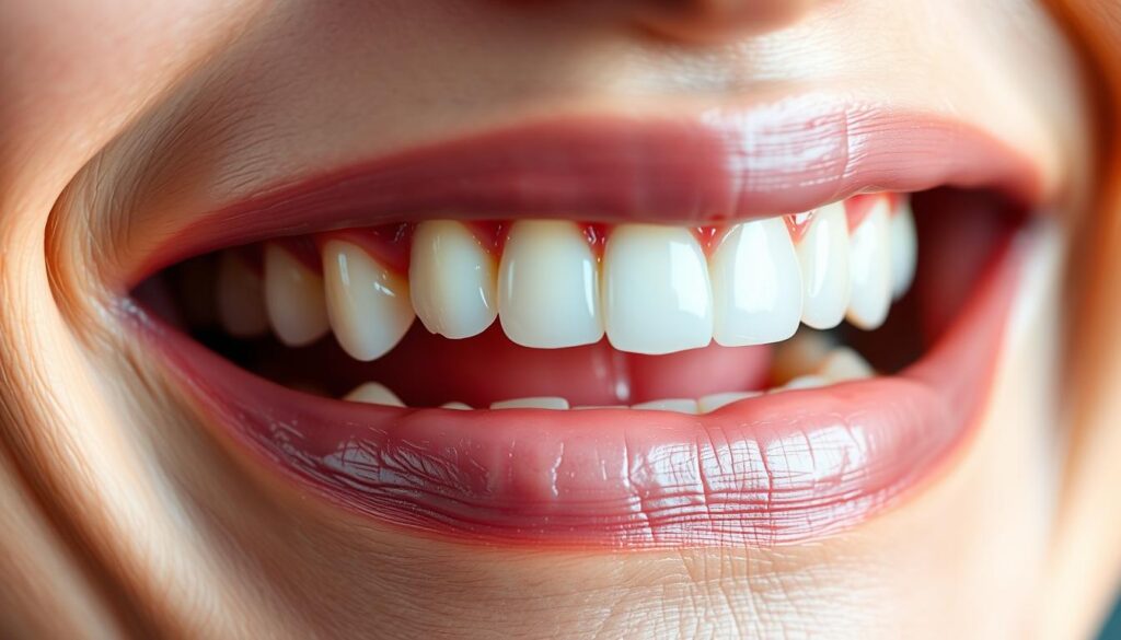 a closeup photograph of healthy human teeth and gums, illuminated by soft, warm lighting from the side. the teeth are clean and white, with no visible cavities or discoloration. the gums are a healthy pink color, firm and free of inflammation. the image is in sharp focus, with a shallow depth of field that blurs the background, emphasizing the dental features. the overall mood is one of cleanliness, wellness, and attention to oral health.