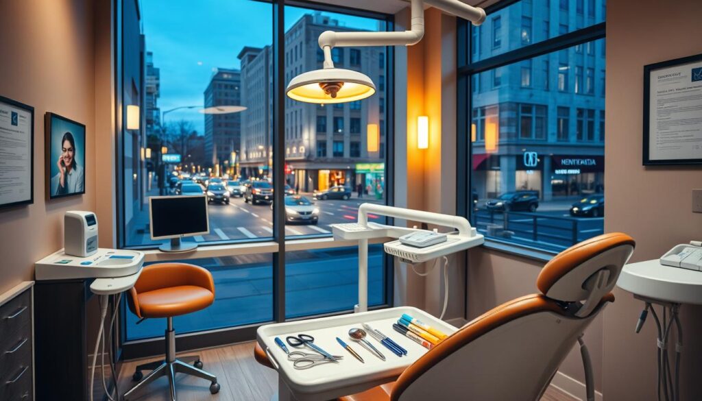 a dental office interior with a dentist chair in the foreground, modern medical equipment and instruments neatly arranged on a tray next to the chair, warm lighting from overhead fixtures casting a soothing glow, the walls adorned with dental health posters and certificates, a large window in the background offering a view of a bustling city street, the atmosphere conveying a sense of professionalism, care, and patient comfort