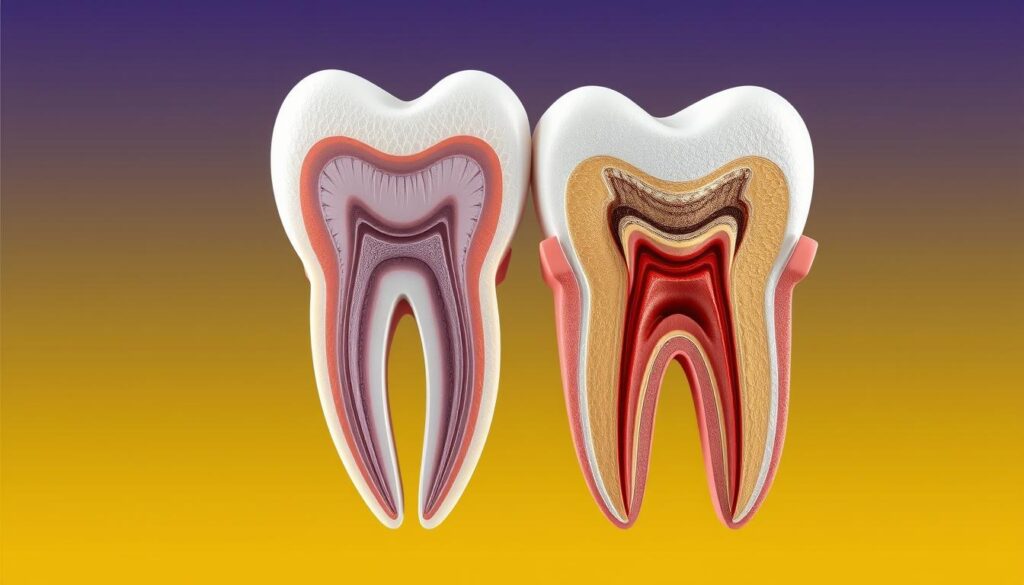 a detailed cross-section illustration of a human tooth, showing the inner anatomy and structure, including the enamel, dentin, pulp cavity, and root canal, with high-resolution photorealistic rendering, precise technical accuracy, neutral lighting, clean background, scientific precision, suitable for use in a medical or educational context