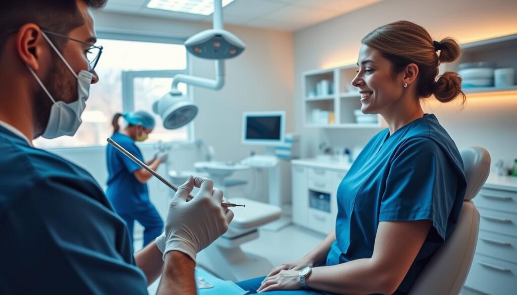 A bright, airy dental examination room with clean, modern equipment. In the foreground, a dentist in scrubs examines a patient's teeth using a dental mirror and explorer, their focused expressions reflecting the care and attention to detail. In the middle ground, a dental assistant prepares instruments and hands the dentist tools as needed, their movements efficient and practiced. The background features a panoramic x-ray machine, a dental chair, and shelves stocked with dental supplies, conveying the professional and hygienic setting of a routine dental visit. Warm, indirect lighting casts a soothing glow, and the overall atmosphere is one of calm reassurance and attentive medical care. A bright, airy dental examination room with clean, modern equipment. In the foreground, a dentist in scrubs examines a patient's teeth using a dental mirror and explorer, their focused expressions reflecting the care and attention to detail. In the middle ground, a dental assistant prepares instruments and hands the dentist tools as needed, their movements efficient and practiced. The background features a panoramic x-ray machine, a dental chair, and shelves stocked with dental supplies, conveying the professional and hygienic setting of a routine dental visit. Warm, indirect lighting casts a soothing glow, and the overall atmosphere is one of calm reassurance and attentive medical care.