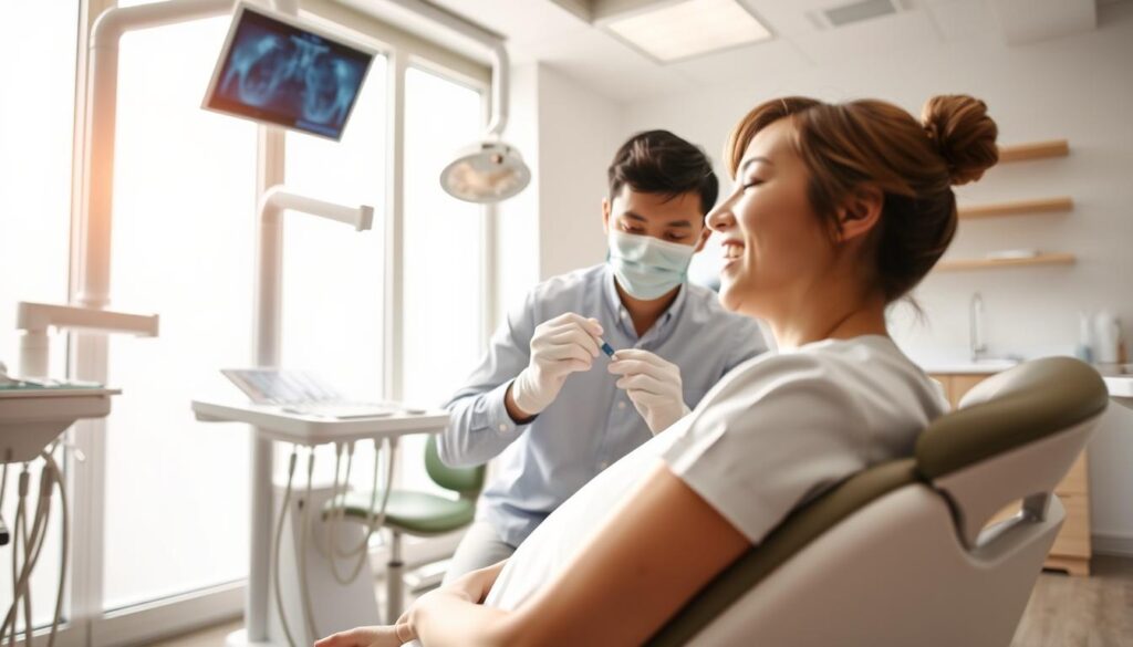 A bright, airy dental office interior with a focus on the dental chair and adjacent equipment. In the foreground, a patient sits comfortably, their mouth open as a dentist, dressed in professional attire, carefully examines their teeth without the use of X-rays. The dentist's movements are precise and gentle, conveying a sense of care and expertise. The middle ground showcases various dental tools and instruments, neatly organized and ready for use. The background features clean, modern decor with soothing, natural lighting filtering in through large windows, creating a calming atmosphere. The overall scene emphasizes the benefits of a thorough dental cleaning without the need for X-rays, highlighting the professionalism and patient-centric approach of the dental practice. A bright, airy dental office interior with a focus on the dental chair and adjacent equipment. In the foreground, a patient sits comfortably, their mouth open as a dentist, dressed in professional attire, carefully examines their teeth without the use of X-rays. The dentist's movements are precise and gentle, conveying a sense of care and expertise. The middle ground showcases various dental tools and instruments, neatly organized and ready for use. The background features clean, modern decor with soothing, natural lighting filtering in through large windows, creating a calming atmosphere. The overall scene emphasizes the benefits of a thorough dental cleaning without the need for X-rays, highlighting the professionalism and patient-centric approach of the dental practice.