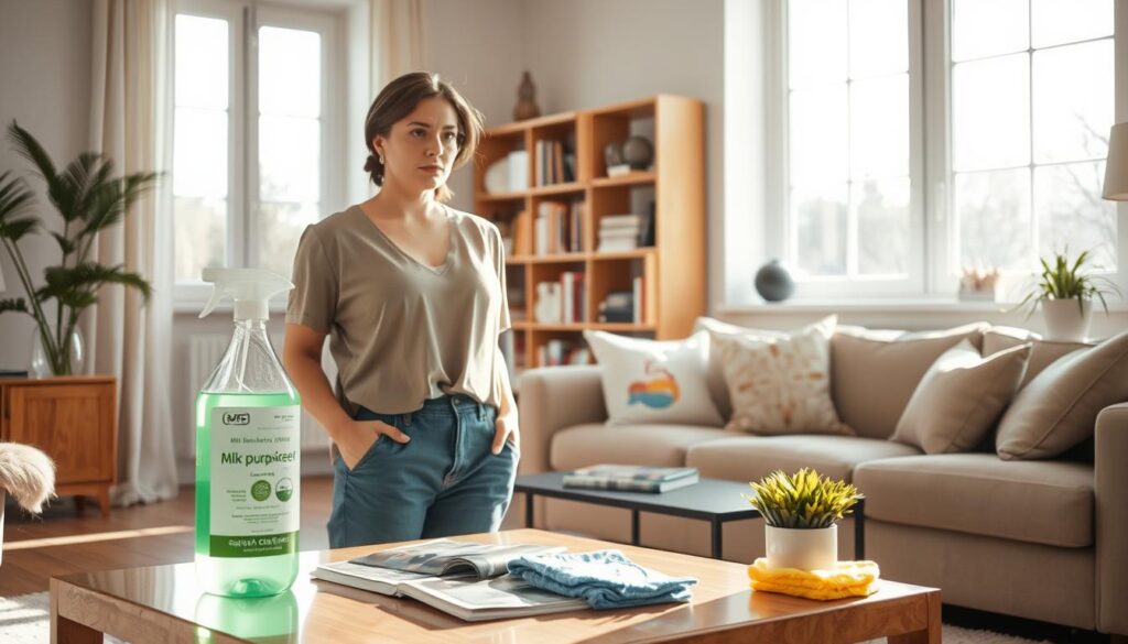 A bright, airy living room with natural light streaming in through large windows. In the foreground, a woman stands contemplating two cleaning products - a bottle of all-purpose cleaner and a package of microfiber cloths. Her expression conveys a sense of decision-making as she considers the relative merits of regular and deep cleaning. The middle ground features a coffee table with magazines and a potted plant, hinting at the everyday tasks and routines of home maintenance. The background showcases a well-organized bookshelf, suggesting an orderly, thoughtful approach to household management. The overall mood is one of tranquility and mindfulness, inviting the viewer to consider their own cleaning preferences and needs.