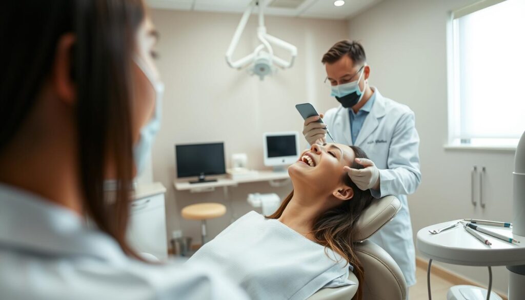 A bright, well-lit dental examination room with sleek, modern equipment. In the foreground, a patient seated in a comfortable reclining chair, their mouth open as a dentist, dressed in a pristine white coat, gently examines their teeth using a small mirror and probe. On the nearby counter, various dental tools and instruments are neatly arranged. The walls feature soothing, neutral-toned decor, creating a calming atmosphere. Soft, diffused lighting from overhead fixtures illuminates the scene, highlighting the attention to detail and professionalism of the dental care setting.