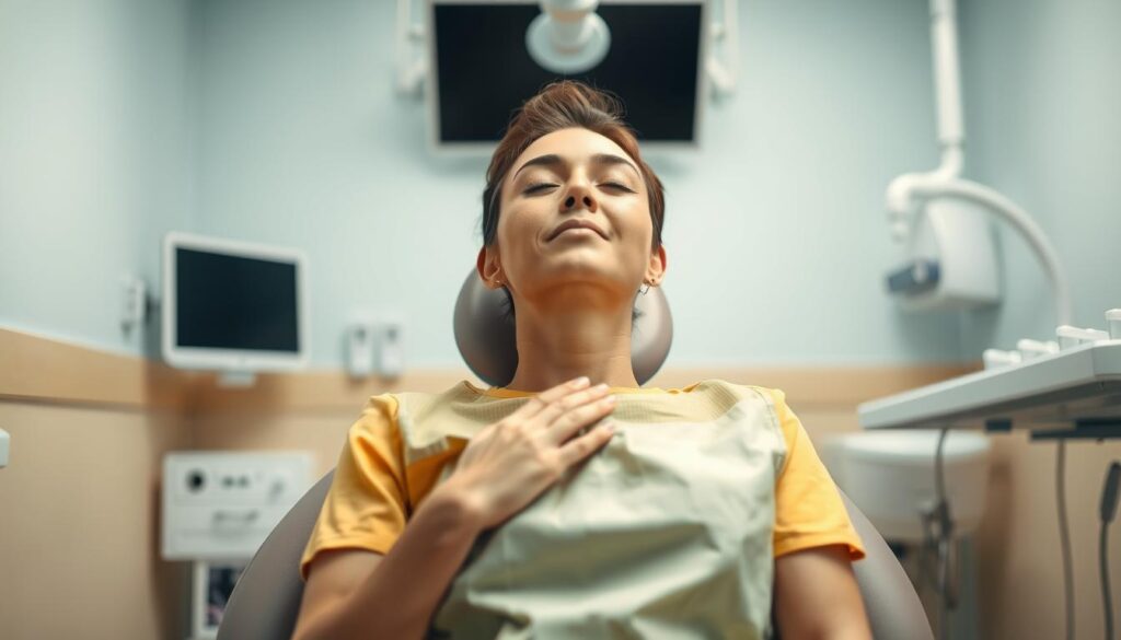A calming, therapeutic scene of a person comfortably seated in a dentist's chair, their eyes closed as they practice deep breathing exercises. Soft, diffused lighting from overhead illuminates their relaxed expression, while the background features soothing pastel-toned walls and discreet dental equipment, conveying a sense of safety and trust. The composition emphasizes the individual's focus on self-care, with the dentist's presence subtly implied rather than overtly depicted, suggesting a collaborative approach to managing dental anxiety.