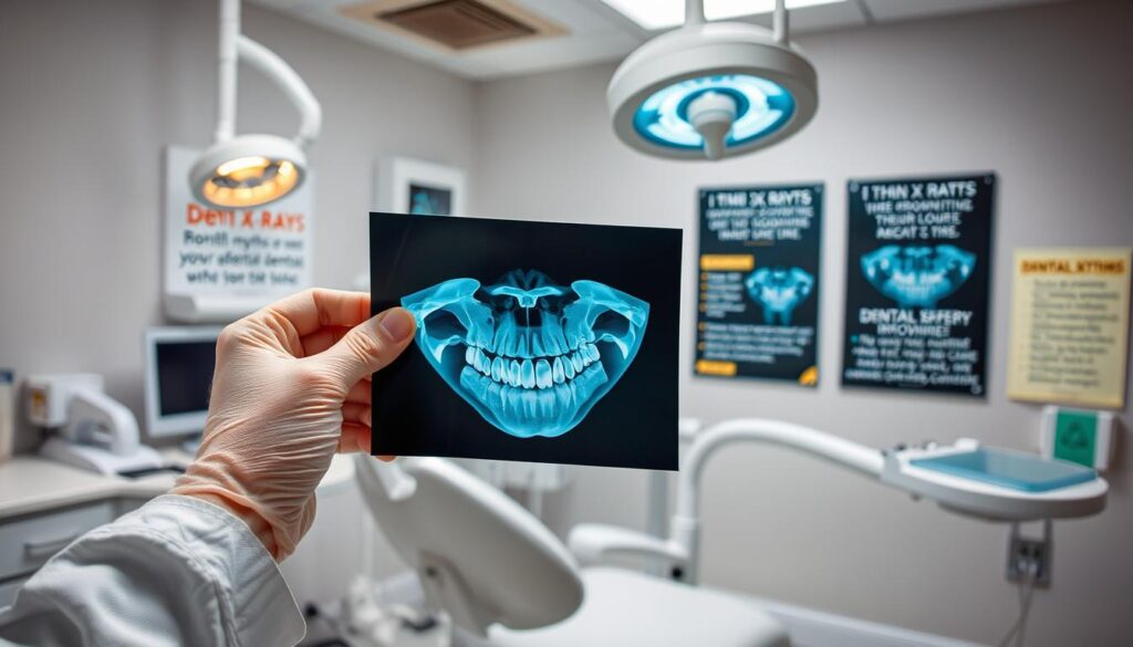 A clean, well-lit dental office setting. In the foreground, a dentist's hand holding a dental x-ray film, examining it closely. The middle ground features various dental equipment and tools, showcasing the advanced technology used in modern dentistry. The background depicts informative posters or displays debunking common myths about dental x-rays, such as their safety, necessity, and frequency. The overall scene conveys an educational and reassuring atmosphere, aimed at clearing misconceptions and promoting a better understanding of dental x-ray procedures. A clean, well-lit dental office setting. In the foreground, a dentist's hand holding a dental x-ray film, examining it closely. The middle ground features various dental equipment and tools, showcasing the advanced technology used in modern dentistry. The background depicts informative posters or displays debunking common myths about dental x-rays, such as their safety, necessity, and frequency. The overall scene conveys an educational and reassuring atmosphere, aimed at clearing misconceptions and promoting a better understanding of dental x-ray procedures.
