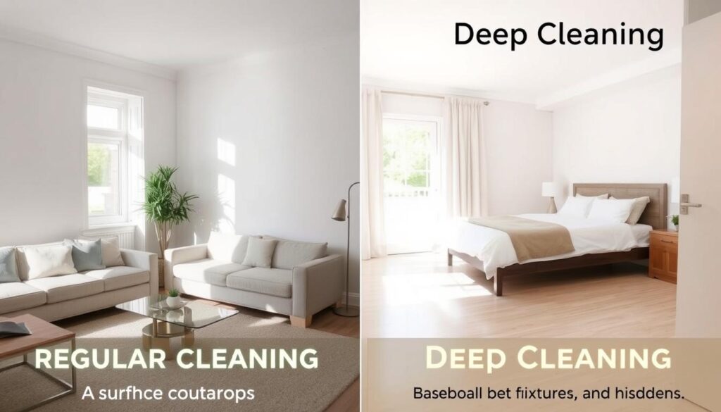 A clean, well-lit room with a side-by-side comparison of a regular cleaning and a deep cleaning. In the foreground, a tidy living room with a neatly arranged sofa, coffee table, and potted plant. In the middle ground, a kitchen with shining countertops and a sparkling sink. In the background, a bedroom with a made bed and clutter-free surfaces. The regular cleaning showcases a surface-level approach, while the deep cleaning reveals a more thorough, meticulous process, with attention to details like baseboards, light fixtures, and hidden corners. Soft, natural lighting illuminates the scene, creating a sense of clarity and organization.