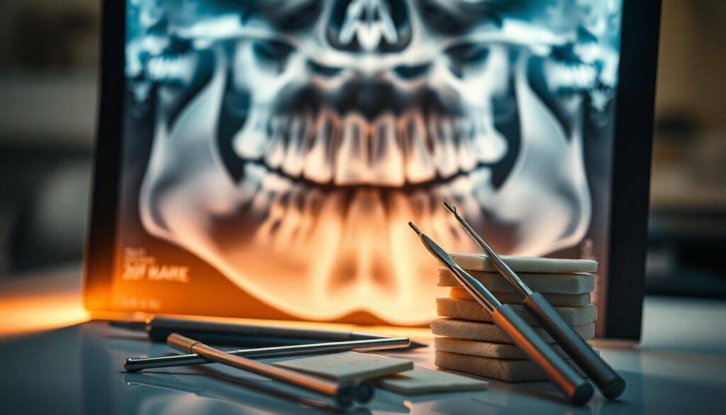 A close-up view of a dental x-ray film, showcasing the intricate details of a dental bone graft procedure. The image is lit with a soft, warm light, creating a clinical yet inviting atmosphere. The x-ray shows the jaw bone structure, with the areas requiring grafting clearly highlighted. In the middle ground, a stack of dental instruments, including a scalpel, sutures, and bone graft materials, convey the technical nature of the procedure. The background is blurred, suggesting a clean, sterile medical environment. The overall impression is one of professionalism and attention to detail, reflecting the importance of understanding the cost implications of this specialized dental treatment.