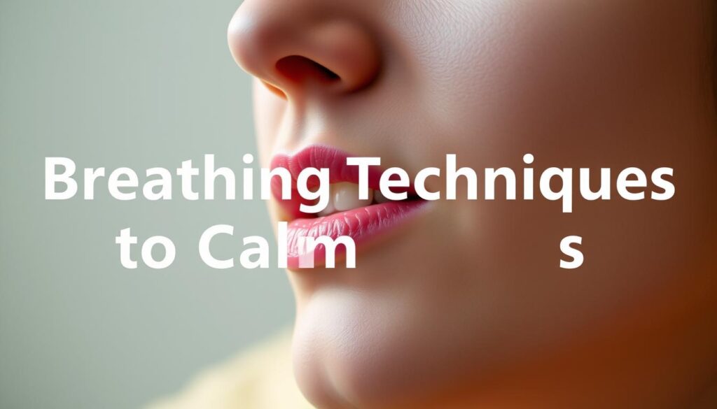 A close-up view of a person's face, mouth slightly open, practicing deep breathing exercises before a dental procedure. The lighting is soft and warm, creating a calming, relaxed atmosphere. The background is blurred, keeping the focus on the face and breathing technique. The person's expression is one of concentration and control, showcasing the power of mindful breathing to ease anxiety and tension. The image captures the essence of the "Breathing Techniques to Calm Nerves" section, providing a visual guide for readers to better understand and implement these strategies before their next dental visit.