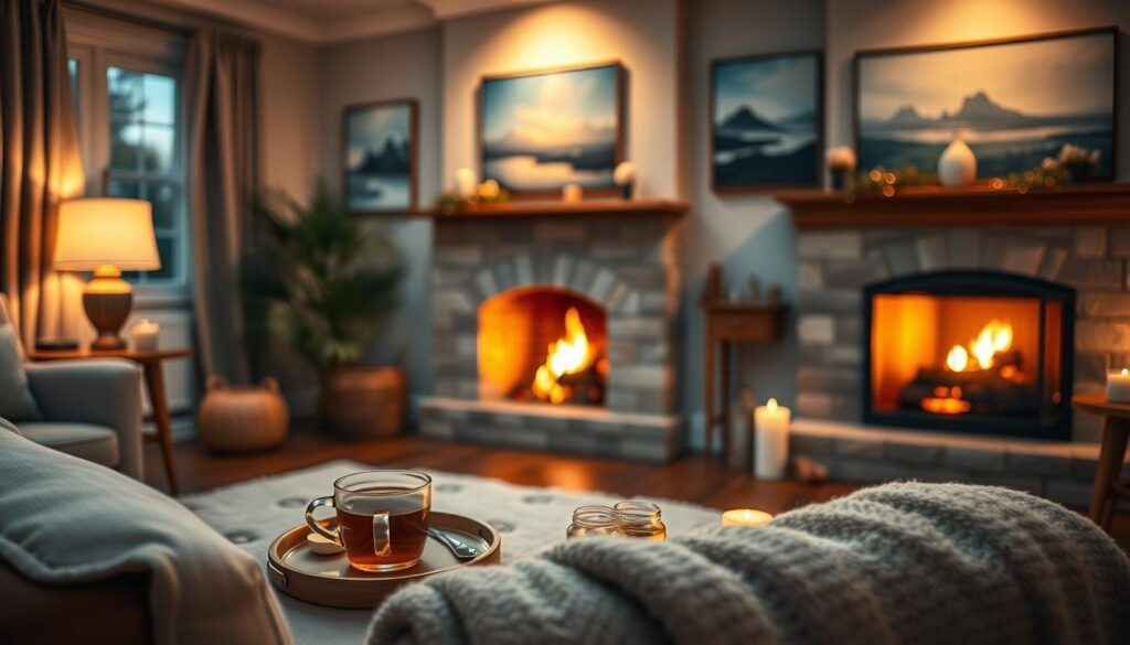 A cozy living room filled with warm, ambient lighting from a crackling fireplace and a single table lamp. On the coffee table, a tray with a steaming mug of herbal tea, a few scented candles, and a soft, plush blanket. In the foreground, a comfortable armchair facing the fireplace, inviting the viewer to sink in and unwind. The walls are adorned with soothing landscape paintings, creating a tranquil, serene atmosphere. The scene is shot with a wide-angle lens, capturing the entire relaxing environment in a soft, diffused focus.