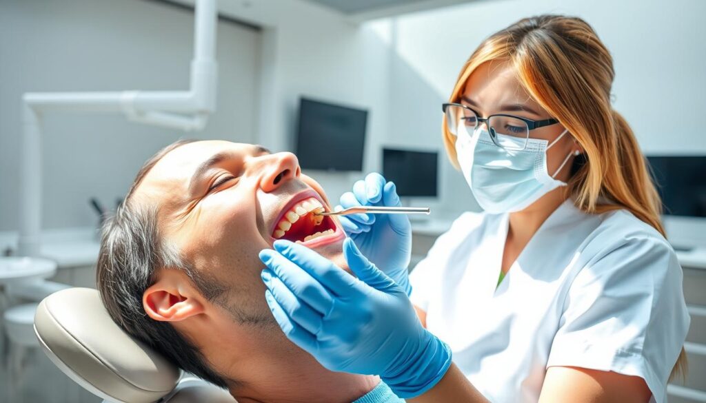 A dental hygienist carefully examining a patient's mouth, showcasing the process of a thorough oral health assessment. Bright, natural lighting illuminates the scene, allowing for clear visibility of the patient's teeth and gums. The hygienist wears a clean, professional uniform and uses a dental mirror and explorer tool to meticulously inspect every detail. The patient's face is relaxed, conveying a sense of trust in the healthcare provider. The background features a modern, well-equipped dental office, with sleek, minimalist design elements that create a calming atmosphere. The image captures the importance of regular dental check-ups and the role of comprehensive oral health assessments in maintaining a healthy smile. A dental hygienist carefully examining a patient's mouth, showcasing the process of a thorough oral health assessment. Bright, natural lighting illuminates the scene, allowing for clear visibility of the patient's teeth and gums. The hygienist wears a clean, professional uniform and uses a dental mirror and explorer tool to meticulously inspect every detail. The patient's face is relaxed, conveying a sense of trust in the healthcare provider. The background features a modern, well-equipped dental office, with sleek, minimalist design elements that create a calming atmosphere. The image captures the importance of regular dental check-ups and the role of comprehensive oral health assessments in maintaining a healthy smile.