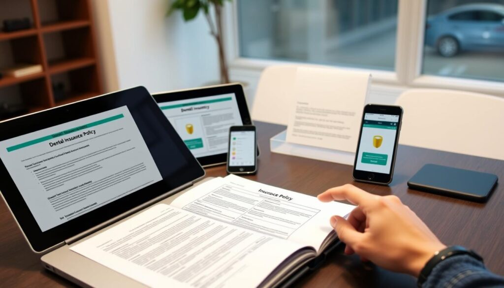 A desktop with a laptop, tablet, and smartphone neatly arranged, showcasing various digital devices used to access and review a detailed dental insurance plan. The foreground features an open laptop displaying an insurance policy document, with a hand pointing to specific sections. The middle ground includes a tablet displaying an insurance provider's mobile app, and a smartphone displaying an online portal. The background has a clean, minimalist office setting with a large window providing natural lighting. The overall mood is focused and informative, reflecting the task of carefully reviewing one's dental insurance coverage. A desktop with a laptop, tablet, and smartphone neatly arranged, showcasing various digital devices used to access and review a detailed dental insurance plan. The foreground features an open laptop displaying an insurance policy document, with a hand pointing to specific sections. The middle ground includes a tablet displaying an insurance provider's mobile app, and a smartphone displaying an online portal. The background has a clean, minimalist office setting with a large window providing natural lighting. The overall mood is focused and informative, reflecting the task of carefully reviewing one's dental insurance coverage.