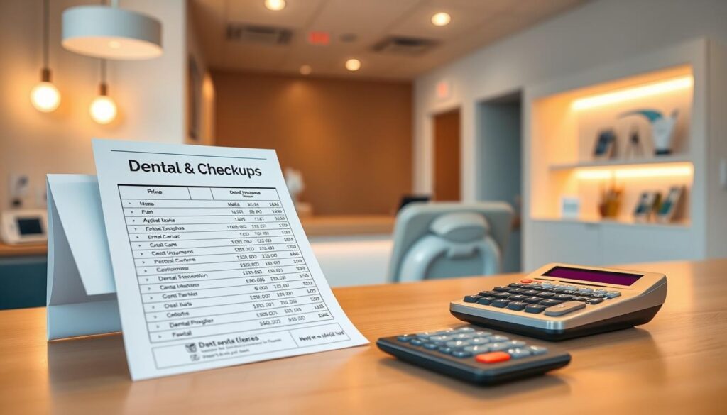 A detailed close-up of a dental clinic reception desk, showcasing various dental checkup cost-related items such as a price list, dental insurance brochures, and a calculator. The scene is brightly lit with warm, inviting lighting, creating a professional and trustworthy atmosphere. The desk is made of a polished, light-colored wood, and the background features a modern, minimalist design with subtle medical accents. The image conveys a sense of transparency and attention to detail, reflecting the importance of understanding the costs associated with dental care.