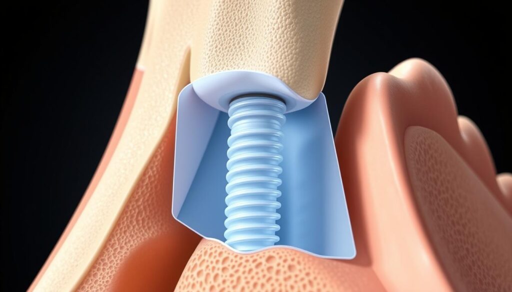 A detailed cross-section view of a successful bone grafting procedure, showcasing the integration of the graft material with the existing bone structure. The foreground features a close-up of the implant site, with the newly formed bone seamlessly blending with the surrounding natural bone. The middle ground displays the gradual transition of the graft, while the background offers a broader context of the jawbone, highlighting the improved density and stability achieved through the grafting process. The image is rendered with a technical, medical illustration style, emphasizing the precision and care required for such a procedure. Soft, directional lighting from the side casts subtle shadows, enhancing the three-dimensional effect and the textural details of the bone and graft material. A detailed cross-section view of a successful bone grafting procedure, showcasing the integration of the graft material with the existing bone structure. The foreground features a close-up of the implant site, with the newly formed bone seamlessly blending with the surrounding natural bone. The middle ground displays the gradual transition of the graft, while the background offers a broader context of the jawbone, highlighting the improved density and stability achieved through the grafting process. The image is rendered with a technical, medical illustration style, emphasizing the precision and care required for such a procedure. Soft, directional lighting from the side casts subtle shadows, enhancing the three-dimensional effect and the textural details of the bone and graft material.