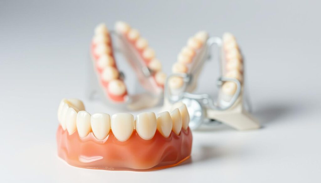 A detailed, high-quality photograph of complete and partial dentures. The dentures are placed on a clean, white background, lit with soft, even lighting to showcase their intricate details. The complete dentures are situated in the foreground, with their natural-looking teeth and gum-colored base. The partial dentures are arranged behind them, revealing their metal clasps and acrylic base. The image is captured with a macro lens, allowing for a close-up, detailed view of the dentures' structure and textures. The overall mood is clinical yet visually appealing, highlighting the important features of these dental prosthetics.