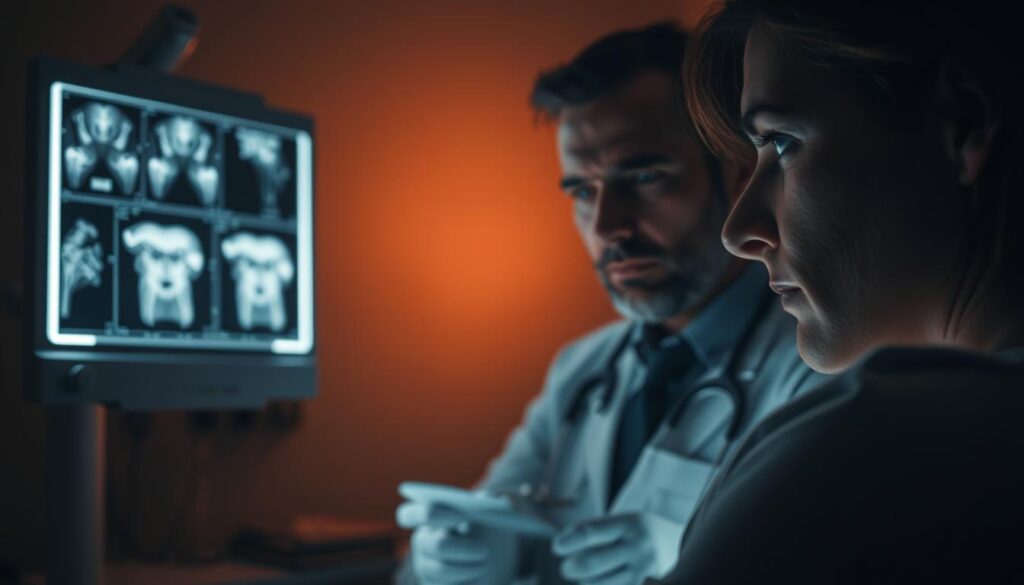 A dimly lit dental clinic, the focus on a set of x-ray images displayed on a lightbox. In the foreground, a worried patient gazes intently, their brow furrowed, contemplating the implications of the unseen details revealed by the x-rays. The middle ground features a concerned dentist, their expression grave, explaining the potential risks and consequences of not obtaining a necessary x-ray. The background is hazy, emphasizing the gravity of the situation and the importance of the decision at hand. Soft, warm lighting casts subtle shadows, adding depth and a sense of foreboding to the scene. A dimly lit dental clinic, the focus on a set of x-ray images displayed on a lightbox. In the foreground, a worried patient gazes intently, their brow furrowed, contemplating the implications of the unseen details revealed by the x-rays. The middle ground features a concerned dentist, their expression grave, explaining the potential risks and consequences of not obtaining a necessary x-ray. The background is hazy, emphasizing the gravity of the situation and the importance of the decision at hand. Soft, warm lighting casts subtle shadows, adding depth and a sense of foreboding to the scene.
