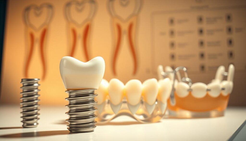 A durable dental solution stands the test of time, showcasing longevity and resilience. In the foreground, a detailed cross-section of a dental implant, its titanium alloy roots firmly anchored in the jawbone. Surrounding it, a meticulously crafted set of porcelain veneers, their translucent sheen capturing the light. In the middle ground, a row of dentures, their clasps and fittings precisely engineered for a secure, comfortable fit. The background features a softly blurred medical diagram, highlighting the intricate anatomy of the mouth. Warm, directional lighting casts subtle shadows, emphasizing the three-dimensional nature of these dental solutions. The overall scene conveys a sense of strength, precision, and the dedication required to craft durable, long-lasting dental care.