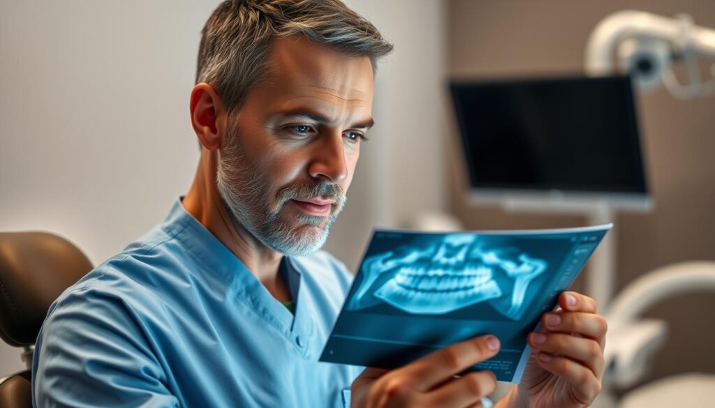 A focused, close-up portrait of a confident, experienced dental implant surgeon carefully examining a set of dental x-rays on a light box in a modern, well-equipped dental clinic. The surgeon's face is illuminated by the soft, directional lighting, creating a sense of authority and expertise. The background is blurred, but hints at the sleek, minimalist decor and high-tech equipment that convey the surgeon's commitment to excellence and state-of-the-art procedures. The overall mood is one of professionalism, care, and the surgeon's dedication to providing the patient with the best possible outcome.