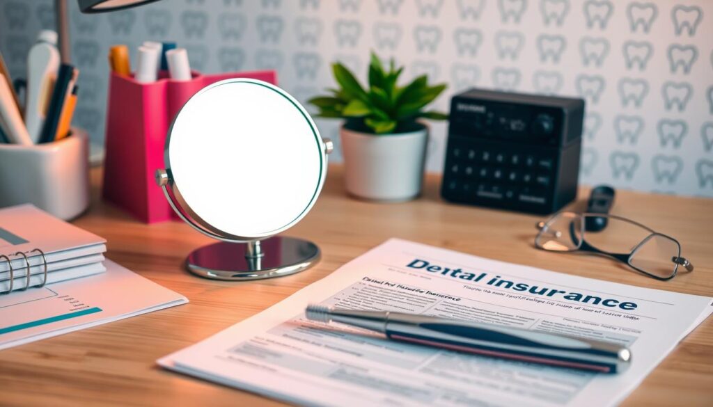 A neatly organized desk with dental-themed office supplies, including a dental mirror, toothbrush, and dental insurance documents. Soft, warm lighting illuminates the scene, creating a professional and educational atmosphere. The background features a subtle pattern of dental icons or a stylized dental health diagram, providing context without distracting from the main focus. The overall composition conveys a sense of understanding and learning about the basics of dental insurance coverage. A neatly organized desk with dental-themed office supplies, including a dental mirror, toothbrush, and dental insurance documents. Soft, warm lighting illuminates the scene, creating a professional and educational atmosphere. The background features a subtle pattern of dental icons or a stylized dental health diagram, providing context without distracting from the main focus. The overall composition conveys a sense of understanding and learning about the basics of dental insurance coverage.
