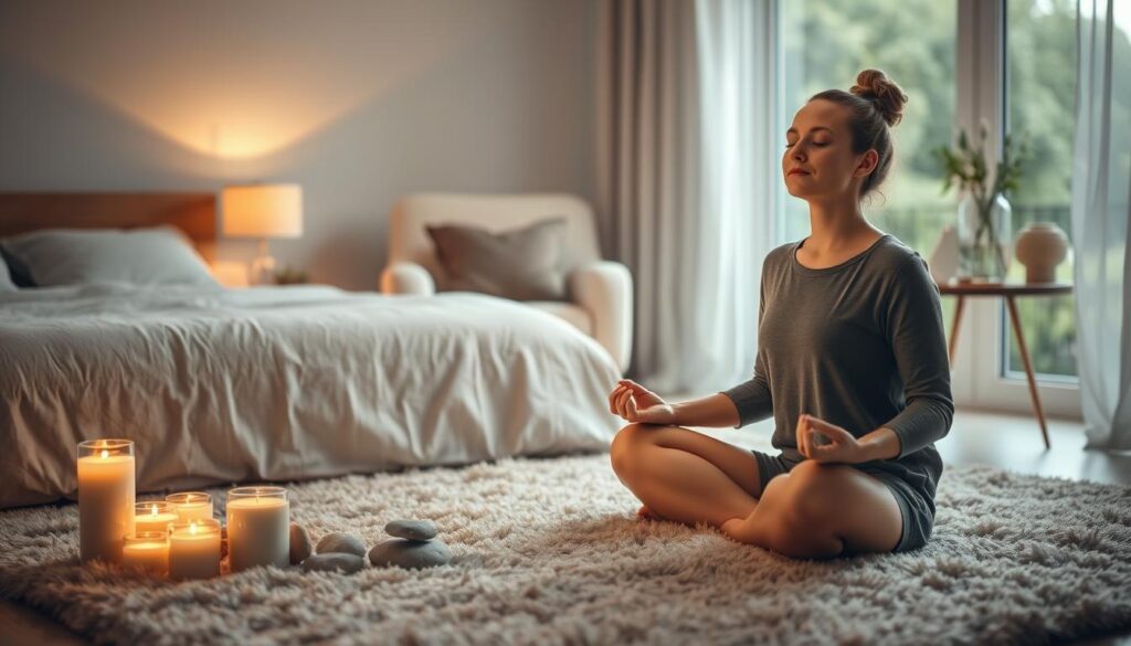 A peaceful, dimly lit bedroom scene. In the foreground, a person sits cross-legged on a plush rug, eyes closed in meditation, their expression serene. Surrounding them, an array of calming elements - scented candles, a diffuser emitting soothing essential oils, and a small pile of smooth river stones. In the middle ground, a cozy armchair and a side table with a steaming mug of herbal tea. The background is softly blurred, hinting at a tranquil garden view outside the window. The overall atmosphere is one of tranquility and relaxation, conveying a sense of preparedness and ease before a visit to the dentist.