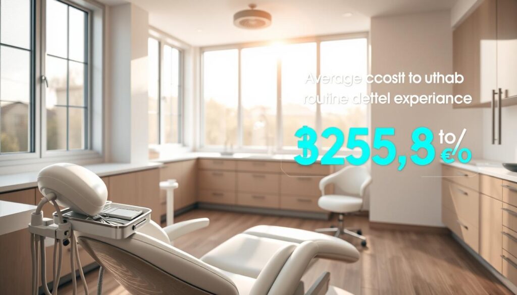 A professional dental clinic, well-lit with warm, natural light streaming through large windows. In the foreground, a clean, modern examination chair with pristine white leather upholstery. On a nearby counter, a tray of gleaming dental tools and instruments, meticulously arranged. In the middle ground, a panoramic view of the clinic's spacious, minimalist interior, with sleek cabinetry and soothing pastel-colored walls. The background features a stylized infographic displaying the average cost of a routine dental cleaning in the United States, presented in a clear, data-driven manner. The overall atmosphere conveys a sense of comfort, trust, and transparency in the dental care experience.