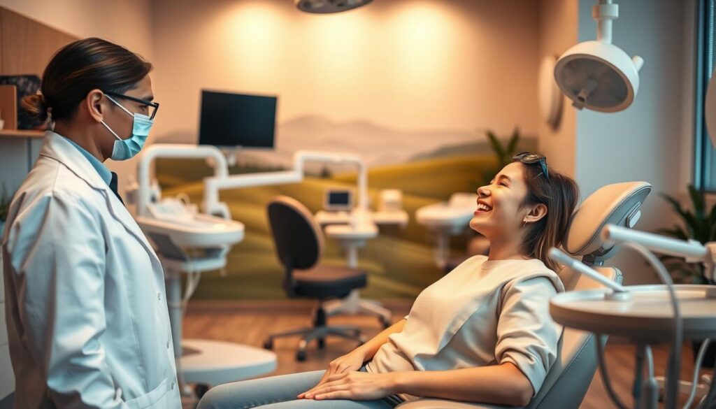 A serene dental office interior, bathed in warm lighting and calming pastel hues. In the foreground, a smiling patient sitting comfortably in a reclining chair, their teeth being carefully examined by a focused dentist wearing a crisp white coat. On the middle ground, various state-of-the-art dental instruments and equipment, conveying the clinic's commitment to modern, high-quality care. In the background, a soothing landscape mural or tranquil nature scene, evoking a sense of relaxation and well-being. The overall scene radiates professionalism, compassion, and the importance of prioritizing routine dental checkups for optimal oral health. A serene dental office interior, bathed in warm lighting and calming pastel hues. In the foreground, a smiling patient sitting comfortably in a reclining chair, their teeth being carefully examined by a focused dentist wearing a crisp white coat. On the middle ground, various state-of-the-art dental instruments and equipment, conveying the clinic's commitment to modern, high-quality care. In the background, a soothing landscape mural or tranquil nature scene, evoking a sense of relaxation and well-being. The overall scene radiates professionalism, compassion, and the importance of prioritizing routine dental checkups for optimal oral health.