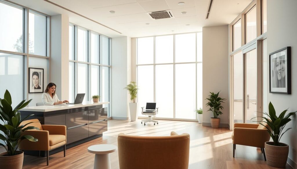 A serene dental office reception, flooded with natural light from floor-to-ceiling windows. A sleek, minimalist front desk with a friendly receptionist greeting patients. Comfortable chairs in soothing earth tones invite visitors to relax. Potted plants and framed artwork create a welcoming, calming ambiance. The space exudes professionalism and attention to detail, reflecting the care and expertise within. High-quality medical equipment is visible through partially open doors, hinting at the state-of-the-art technology available. An overall impression of a modern, well-appointed dental practice that prioritizes patient comfort and satisfaction.
