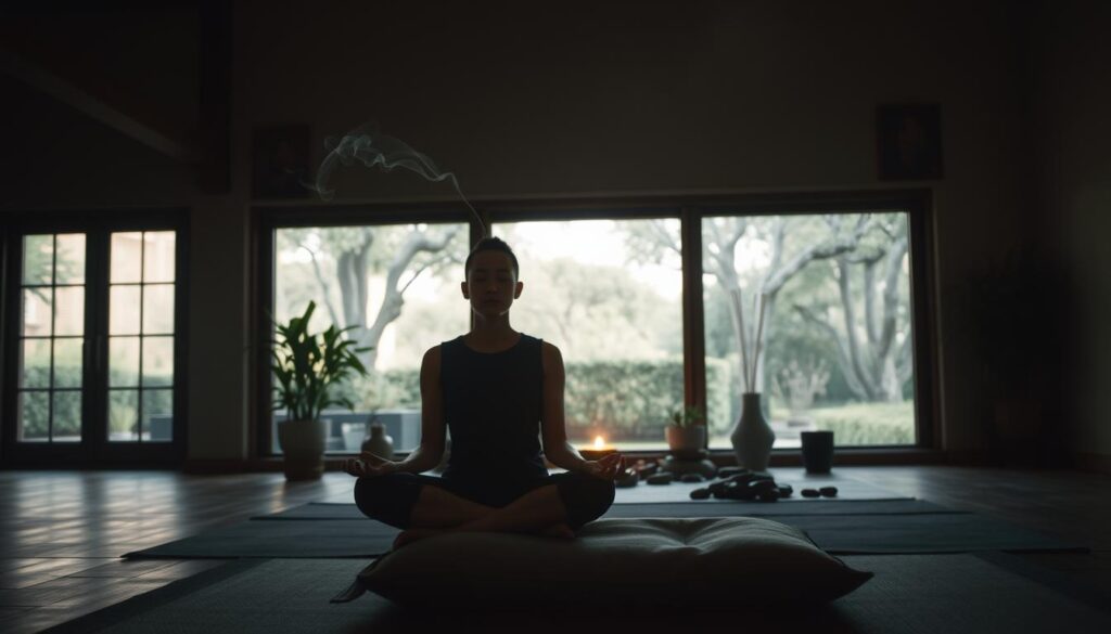 A serene, dimly lit meditation room with warm, diffused lighting. In the foreground, a person sits cross-legged on a plush cushion, eyes closed, hands resting gently on their lap. Wisps of fragrant incense drift through the air, creating a calming atmosphere. The middle ground features a minimalist altar with a single flickering candle, surrounded by potted plants and smooth river stones. In the background, a large window overlooks a tranquil garden, providing a soothing view of nature. The overall scene conveys a sense of inner peace, focused attention, and emotional well-being.