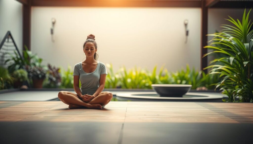 A serene, minimalist scene depicting the therapeutic impact on mental health. In the foreground, a person sits cross-legged, eyes closed, hands resting gently on their lap, exuding a sense of tranquility and mindfulness. The middle ground features a lush, verdant garden with swaying plants and a calming water feature, conveying a soothing, nature-inspired atmosphere. The background is softly blurred, creating a sense of depth and focus on the central figure. Warm, diffused lighting filters through, casting a gentle glow and emphasizing the peaceful, restorative mood. The overall composition evokes a harmonious, meditative space that symbolizes the healing process for mental well-being.