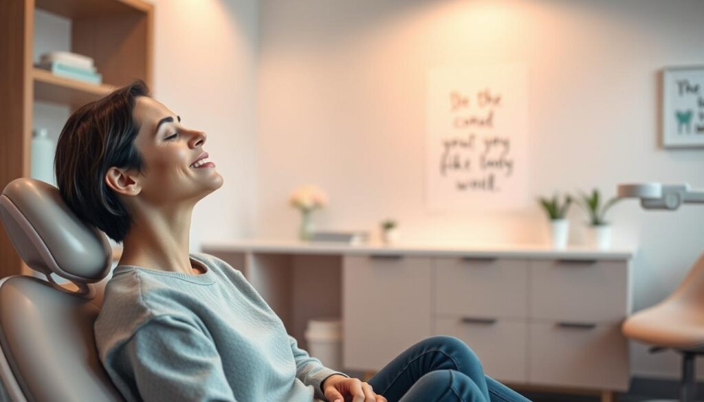 A serene, pastel-hued dental office setting with calming, minimalist decor. In the foreground, a person sits comfortably, eyes closed, hands resting on their lap. Gentle, warm lighting illuminates their relaxed expression as they mentally repeat positive affirmations, visualizing a smooth and stress-free dental visit. In the background, subtle signage or artwork with uplifting, reassuring messages is visible, creating an atmosphere of reassurance and support. The overall mood is one of tranquility, self-acceptance, and empowerment, inviting the viewer to adopt a similar mindset when facing dental anxiety.