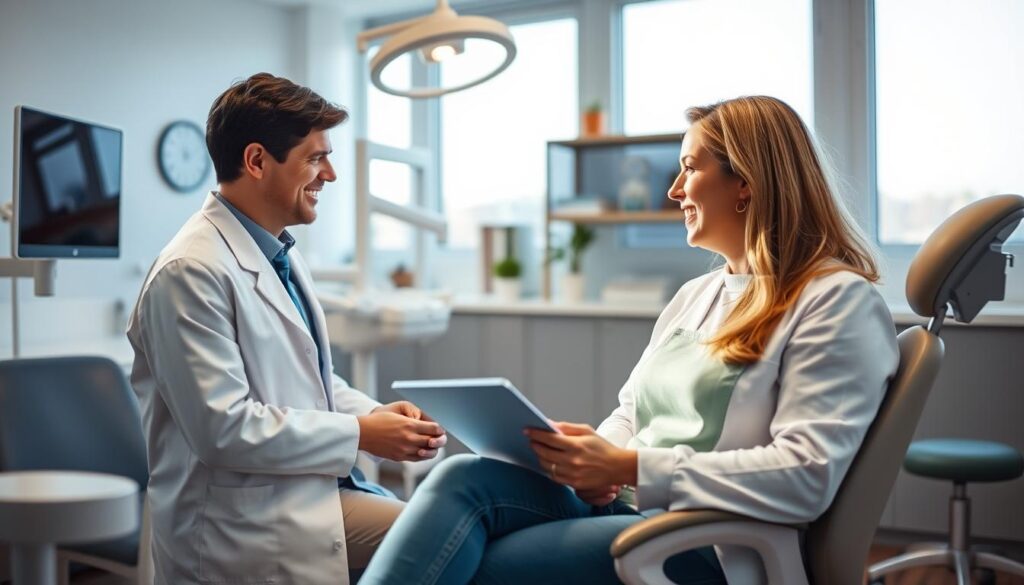 A serene, well-lit dental office interior, with a patient sitting comfortably in the chair while a caring dentist discusses treatment options. The scene exudes a sense of professionalism and trust, with modern equipment and calming decor in the background. The dentist's expression is attentive, and the patient appears engaged, conveying the idea of an informed, collaborative decision-making process. Soft, natural lighting filters through large windows, creating a warm, inviting atmosphere that puts the patient at ease. The composition emphasizes the interaction between the dentist and patient, highlighting the importance of clear communication and shared understanding in making informed choices about dental care. A serene, well-lit dental office interior, with a patient sitting comfortably in the chair while a caring dentist discusses treatment options. The scene exudes a sense of professionalism and trust, with modern equipment and calming decor in the background. The dentist's expression is attentive, and the patient appears engaged, conveying the idea of an informed, collaborative decision-making process. Soft, natural lighting filters through large windows, creating a warm, inviting atmosphere that puts the patient at ease. The composition emphasizes the interaction between the dentist and patient, highlighting the importance of clear communication and shared understanding in making informed choices about dental care.
