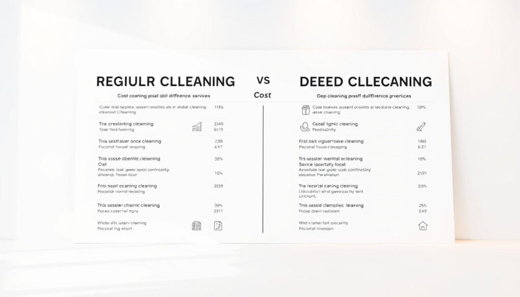 A sleek, minimalist cost comparison chart showcasing the key differences between regular cleaning and deep cleaning services. The chart is presented on a clean, white background, with a simple and modern layout. The foreground features crisp, data-driven graphics and infographics, neatly organized to provide a clear, at-a-glance understanding of the cost factors. The middle ground includes subtle, elegant icons and visual cues to differentiate the service types. The background is bathed in soft, even lighting, creating a professional and trustworthy atmosphere. The overall design is visually appealing, with a balance of information and aesthetics to effectively illustrate the cost comparison for the "Regular Cleaning vs. Deep Cleaning: Key Differences" article.