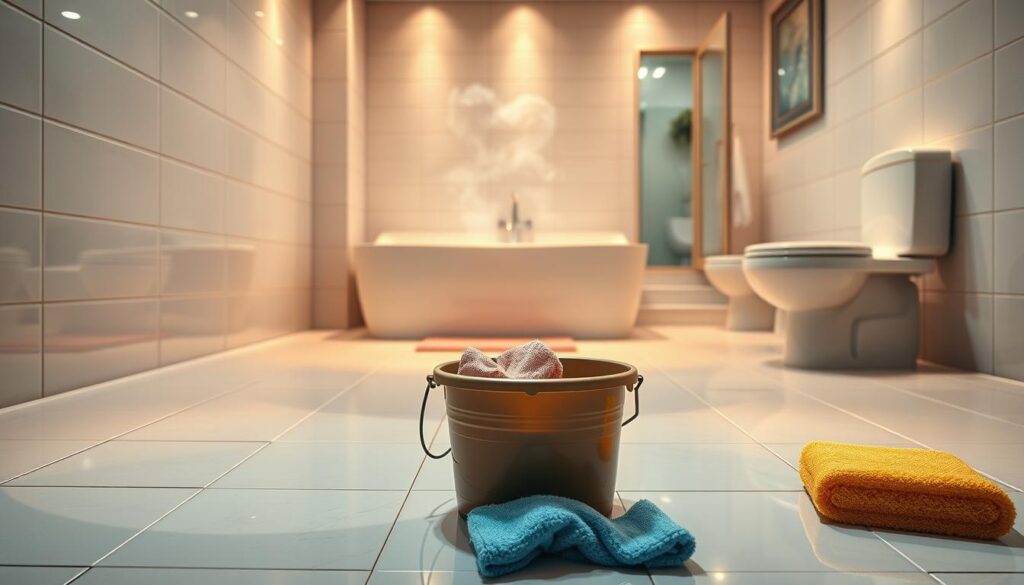 A spacious bathroom, illuminated by soft, diffused lighting that casts a warm glow. The tiled floor and surfaces gleam with a spotless shine, as if newly installed. In the foreground, a collection of cleaning tools - a bucket, sponges, and a microfiber cloth - stand ready to tackle the hidden grime. The middle ground reveals a tub, sink, and toilet, all meticulously scrubbed and polished, their surfaces reflecting the light like mirrors. In the background, wisps of steam curl upwards, hinting at the thorough, deep-cleaning process that has transformed this space. The overall atmosphere conveys a sense of order, cleanliness, and a renewed sense of freshness.