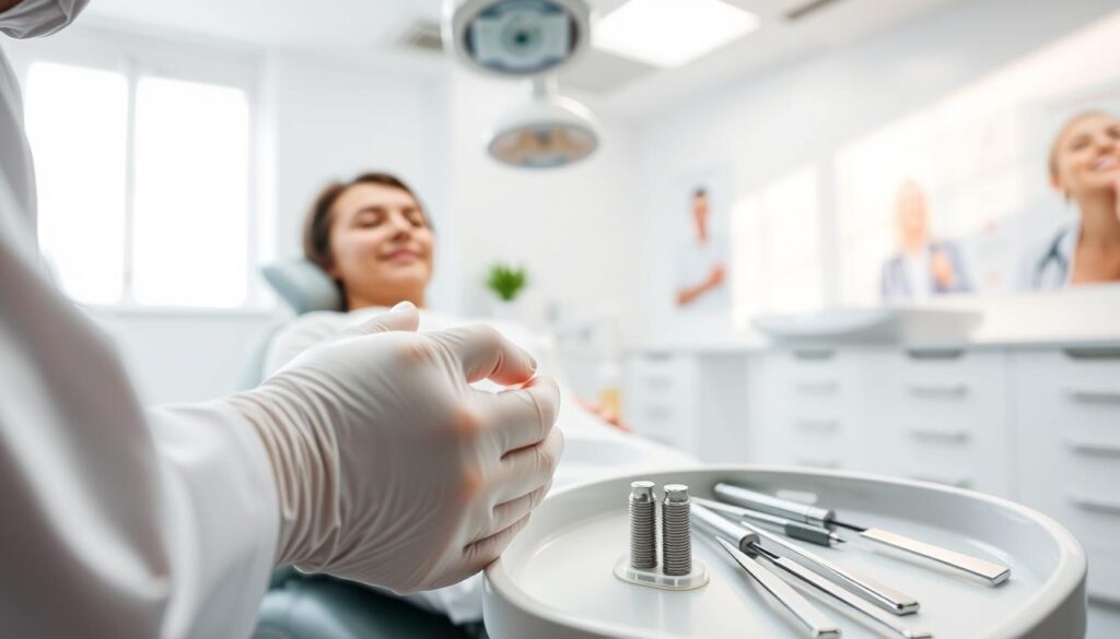A sterile white dental clinic interior with bright, natural lighting. In the foreground, a close-up view of a dentist's hand gently applying a soothing, anti-inflammatory gel to a patient's swollen, reddened gum around a recently implanted tooth. The patient's face is relaxed, conveying a sense of relief from the discomfort. In the middle ground, various dental tools and instruments are neatly arranged on a tray, suggesting the professional care and expertise available. The background depicts a tranquil, calming atmosphere, with soft, blurred medical posters on the walls, promoting post-implant recovery and pain management methods.
