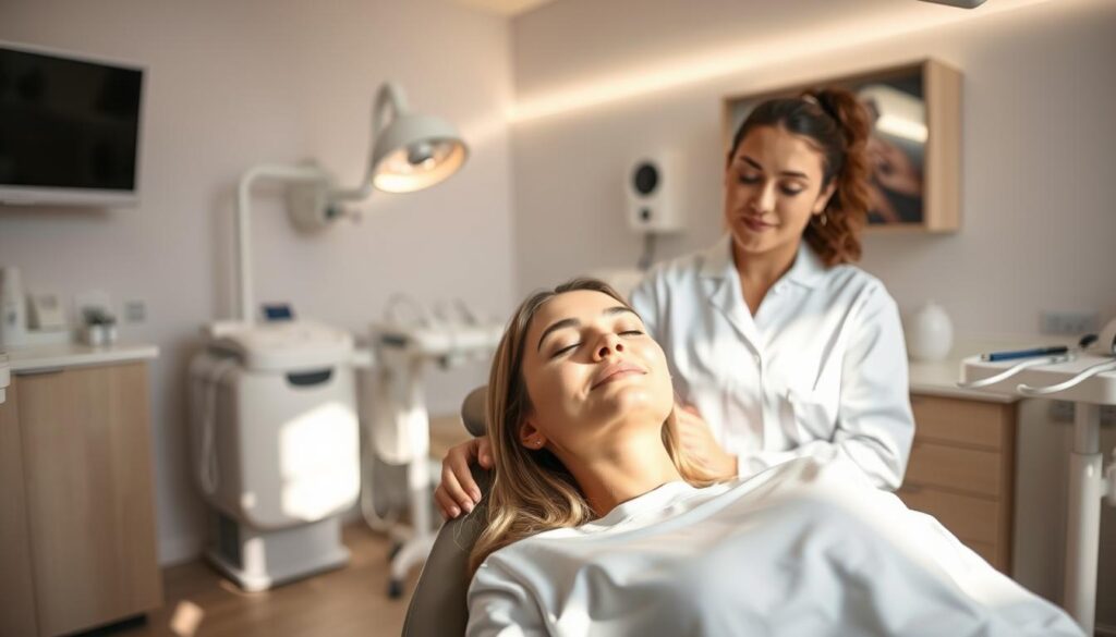 A tranquil dentist's office, bathed in soft, soothing lighting. In the foreground, a patient reclining comfortably in the dentist's chair, eyes gently closed, a serene expression on their face. The dentist, dressed in crisp, white attire, stands nearby, a gentle hand on the patient's shoulder, exuding a calming presence. In the background, medical equipment and instruments are neatly arranged, conveying a sense of professionalism and care. The overall atmosphere is one of relaxation and trust, showcasing the sedation dentistry experience that can help ease anxiety before a dental exam.