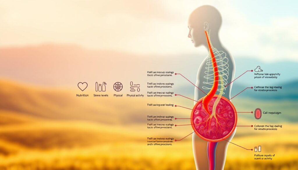 A vibrant, hyper-realistic illustration depicting the key factors influencing the duration of the healing process. In the foreground, a detailed anatomical diagram showcases the intricate mechanisms of tissue repair, with labeled elements like inflammation, cell proliferation, and collagen deposition. In the middle ground, a series of icons and infographic elements highlight external factors such as nutrition, stress levels, and physical activity. The background features a blurred, minimalistic landscape, creating a sense of depth and focus on the central subject matter. Warm, diffused lighting casts a soft, natural glow, emphasizing the organic nature of the healing journey. The overall composition conveys a sense of scientific understanding and the multifaceted nature of the healing process.