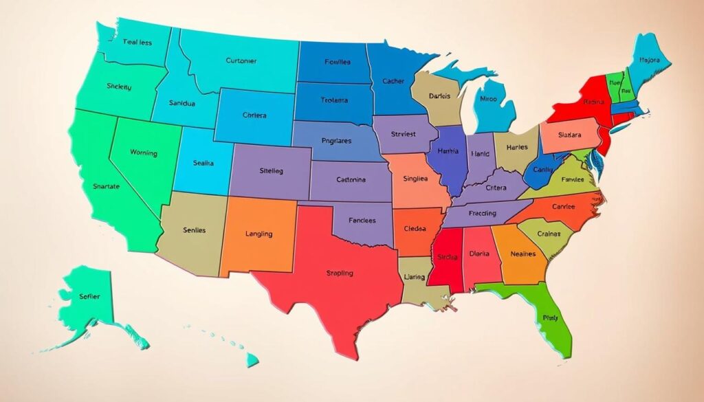 A vibrant map of the United States, its geographic regions highlighted in a spectrum of dental pricing hues. The foreground showcases a detailed visualization, with states rendered in varying shades of blue, green, and red, denoting the cost of a basic dental exam and cleaning. The middle ground features subtle lines and borders, guiding the viewer's eye across the varied landscape. In the background, a soft gradient of warm tones sets the mood, conveying a sense of depth and dimension. The lighting is natural and diffused, creating a clean, informative, and visually compelling illustration to accompany the article's exploration of dental pricing disparities across the country.