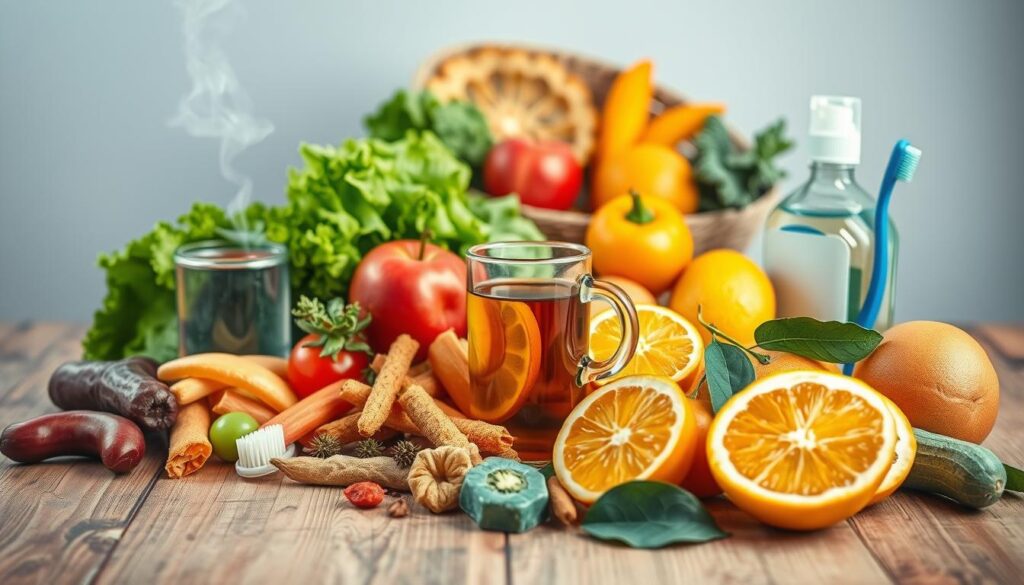 A vibrant still life showcasing an array of dental-friendly foods and drinks. In the foreground, a selection of crunchy vegetables, crisp apples, and juicy citrus fruits, all arranged on a wooden table with a natural, earthy texture. The middle ground features a glass of water and a mug of herbal tea, both emitting a gentle steam. In the background, a bottle of mouthwash and a toothbrush stand as a subtle reminder of the importance of oral hygiene. The lighting is soft and diffused, creating a calming, inviting atmosphere that highlights the vibrant colors and textures of the scene. The overall composition emphasizes the harmony between a healthy diet and proper dental care. A vibrant still life showcasing an array of dental-friendly foods and drinks. In the foreground, a selection of crunchy vegetables, crisp apples, and juicy citrus fruits, all arranged on a wooden table with a natural, earthy texture. The middle ground features a glass of water and a mug of herbal tea, both emitting a gentle steam. In the background, a bottle of mouthwash and a toothbrush stand as a subtle reminder of the importance of oral hygiene. The lighting is soft and diffused, creating a calming, inviting atmosphere that highlights the vibrant colors and textures of the scene. The overall composition emphasizes the harmony between a healthy diet and proper dental care.